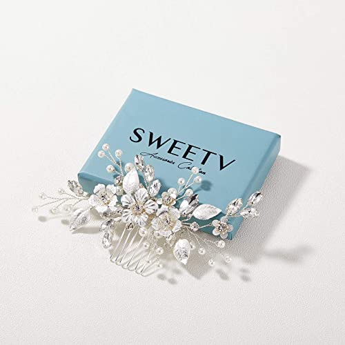 SWEETV El Yapımı Gümüş Gelin Saç Tarak Klip Gelinler için Düğün Saç Aksesuarları için, Gelinler Kadınlar için Düğün Saç Parçaları