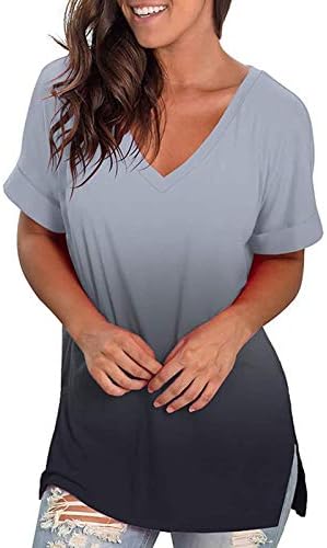 Kadınlar ıçin kısa Kollu Degrade Gömlek Gevşek Moda Rahat Yumuşak Hafif Şık V Boyun Rahat Kazak T-Shirt Tops