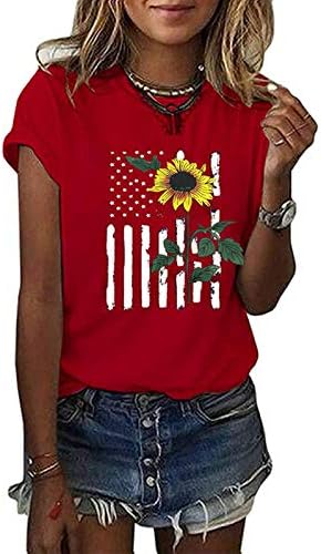 Bayan Casual T-Shirt Tops, Bayan Amerika Bayrağı Ayçiçeği Desen Bluzlar Kadınlar için O-Boyun Kısa Kollu Gömlek Tops