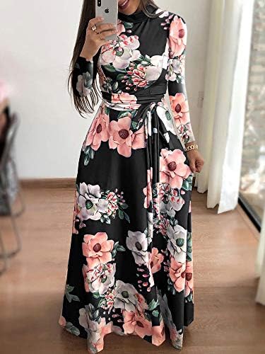 Kadın Casual Çiçek Baskılı Maxi Elbise, Uzun Kollu Balıkçı Yaka İnce Gömme Flowy Yüksek Bel A-Line Elbiseler ile Kemer