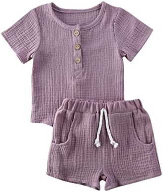 Toddler Bebek Kız Pamuk Keten Kıyafetler Kısa Kollu Ekip Yaka T-Shirt Tops Elastik Şort 2 Adet Giysi Set