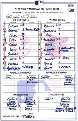 New York Yankees Oyunu-16 Eylül 2021'de Baltimore Orioles'e Karşı İkinci El Kadro Kartı-Major League BASEBALL Oyunu İkinci El