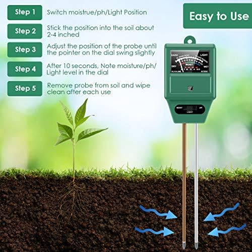 Toprak ph ölçer, 3-in-1 toprak test cihazı ile nem, ışık ve pH testi için Bahçe, çim, çiftlik, kapalı ve Ourdoor, toprak nem