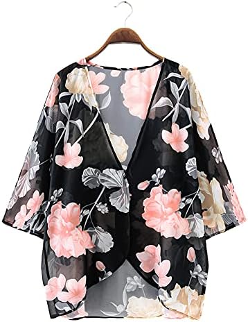 Chunoy Kadınlar Çiçek Baskı Hafif Şifon Kimono Hırka Kısa Kollu Gevşek Plaj Kıyafeti Cover Up Bluz Üst