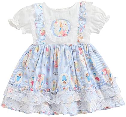 Toddler Bebek Kız yaz elbisesi Paskalya Tavşanı Baskı Elbise Çocuklar Kız Dantel Fırfır Kısa Kollu A-Line Tutu Tavşan Elbise